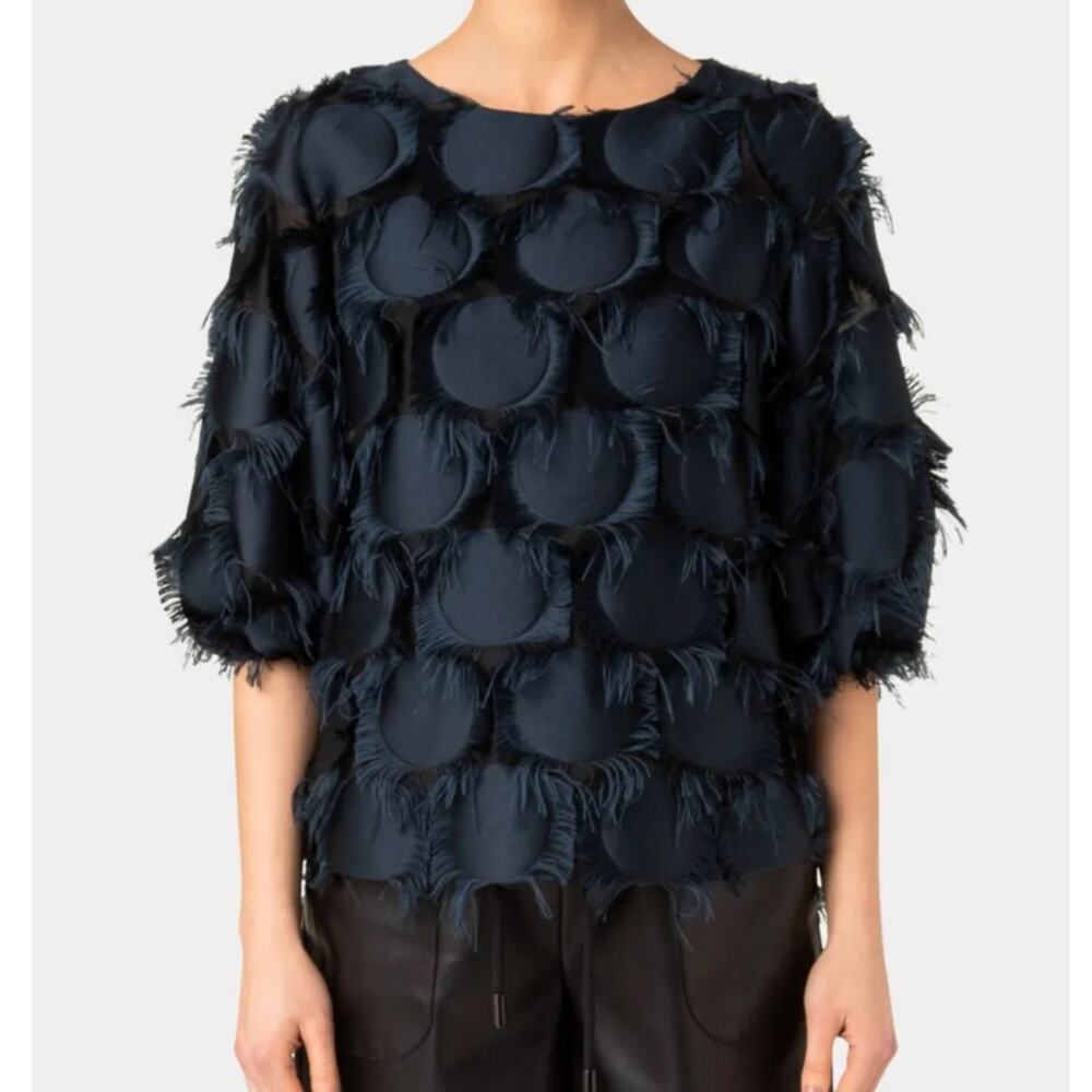 Akris Punto 14 Mulberry Silk Fil Coupé Fringe Bishop Sleeve Blouse NWT Designer